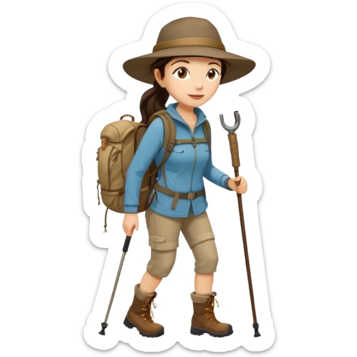 women, long dark brown hair in ponytail with wide brim hiking hat. Walking with backpack and trekking poles.  She is a pilgrim on the Camino Frances on her way to Santiago de Compostela sticker