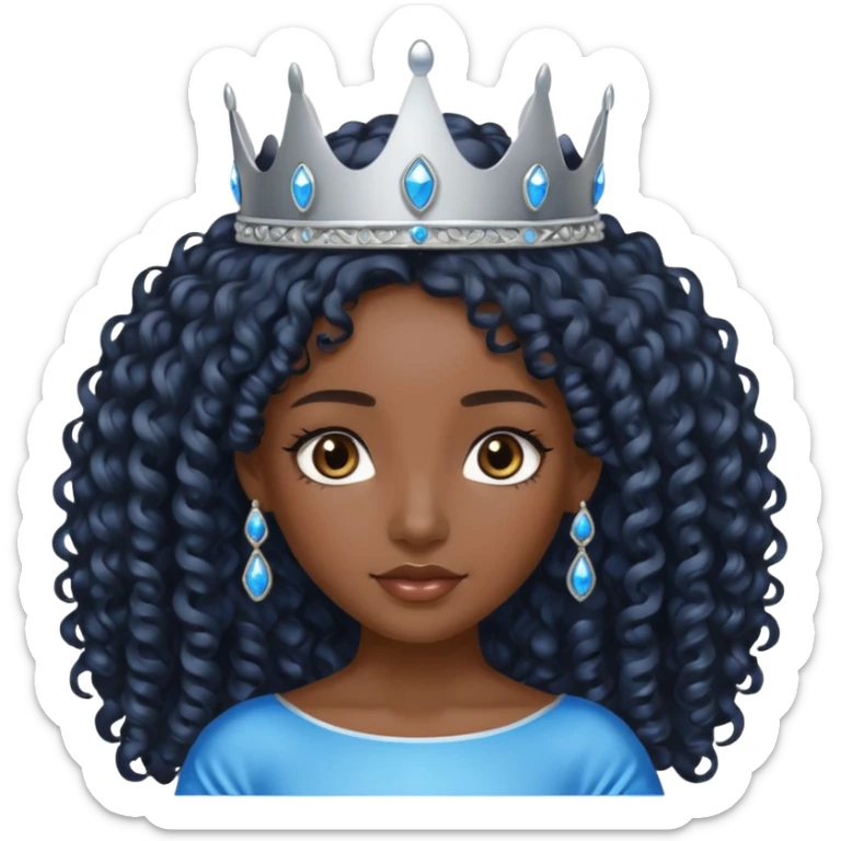 Por favor hazme el emoji de la princesa pero morena con el pelo negro y rizado y largo, los ojos marrones y la corona plateada con jollas azules sticker