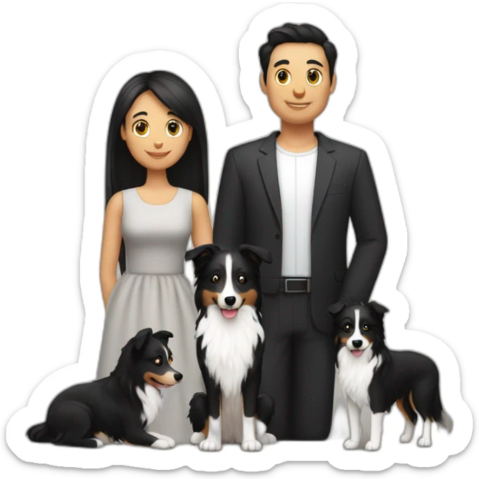 Family formed by a man a woman with long black hay ana a small black border collie sticker