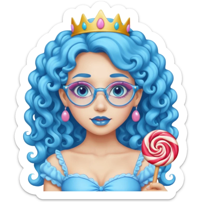 blue long curly haired princess of the candyland, with candy makeup candy glassess and just face sticker