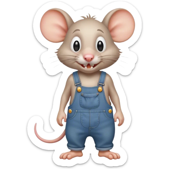 dizzy cartoon stupid drunk hillbilly rat wearing overalls no shirt. standing and talking full body. human eyes. teeth showing sticker