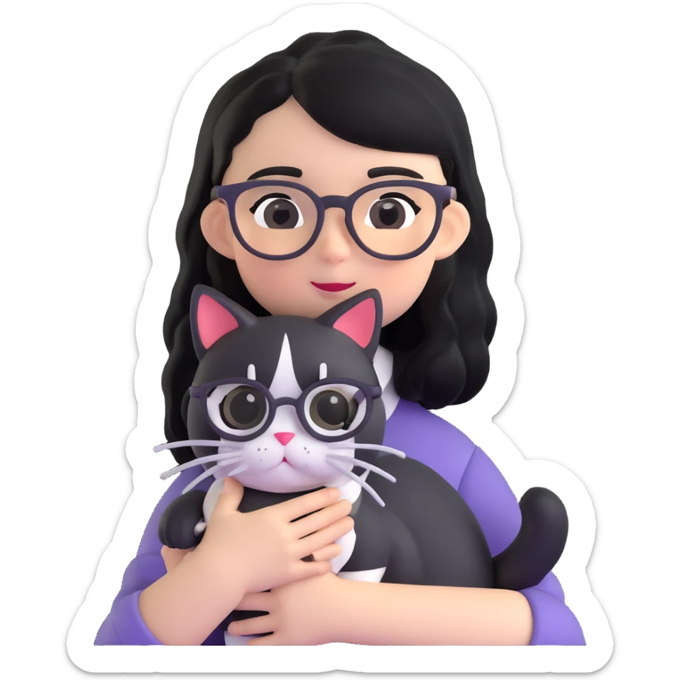Girl with black hair wearing glasses holding a black and white cat sticker