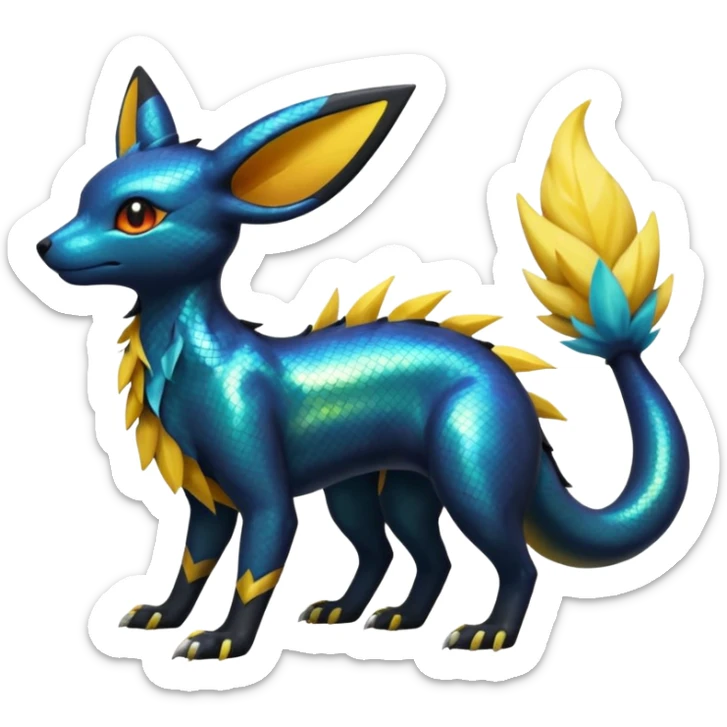 Shiny Iridescent Helioptile-Salandit-Umbreon-Flareon-Jolteon-Fakémon-hybrid-creature (full body)  sticker