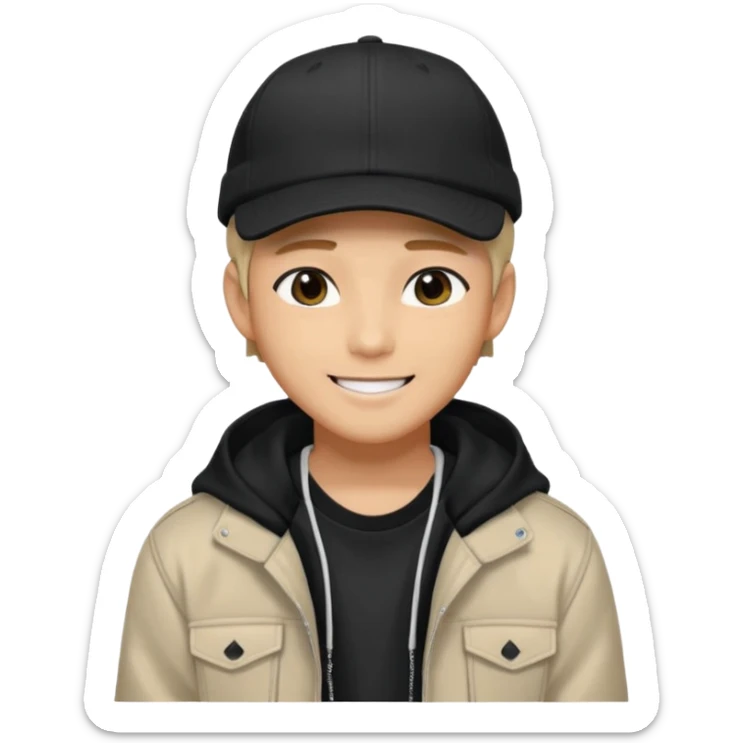 Portrait of a male K-pop idol, wearing a stylish streetwear outfit with layered clothing, makeup, wearing a black cap, happy sticker