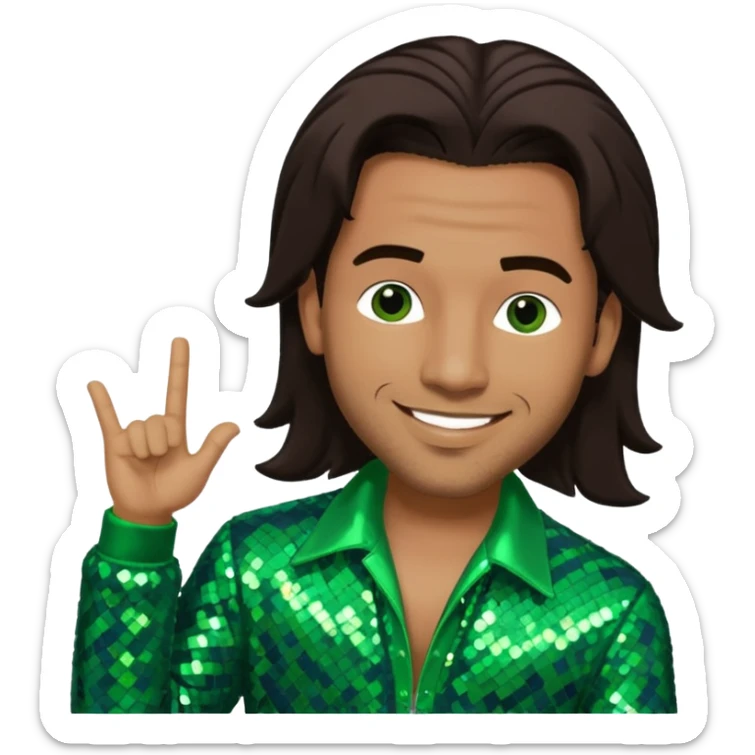 Sam Watters, Male R&B Singer (b. 1970) from Color Me Badd with long dark brown hair, green sequin outfit, light skin  sticker