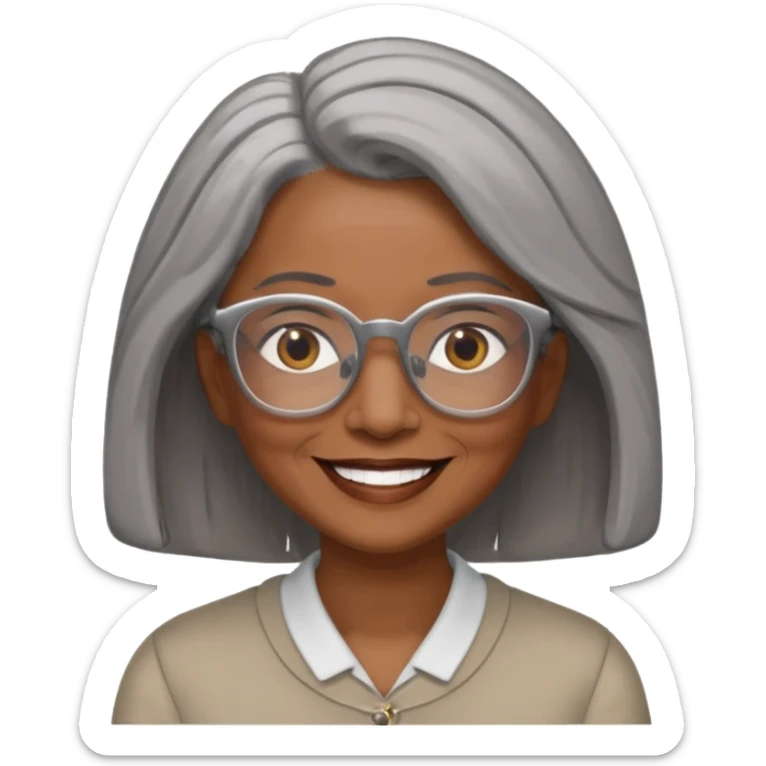 Older woman of color with gray shoulder length  hair and glasses and smiling sticker