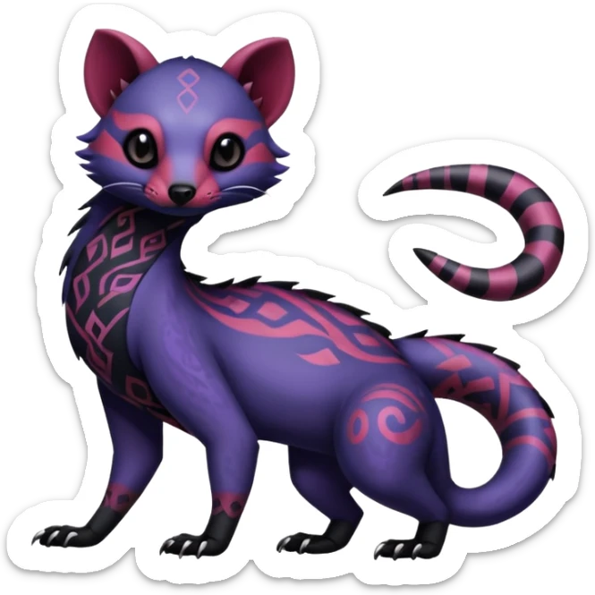 Rare warm-colored exotic gloomy tropical edgy cute epic aesthetic spooky indigo violet purple black red gothic colorful Salandit-Civet-species-Fakemon-hybrid-creature, with tribal tattoo markings, full body sticker