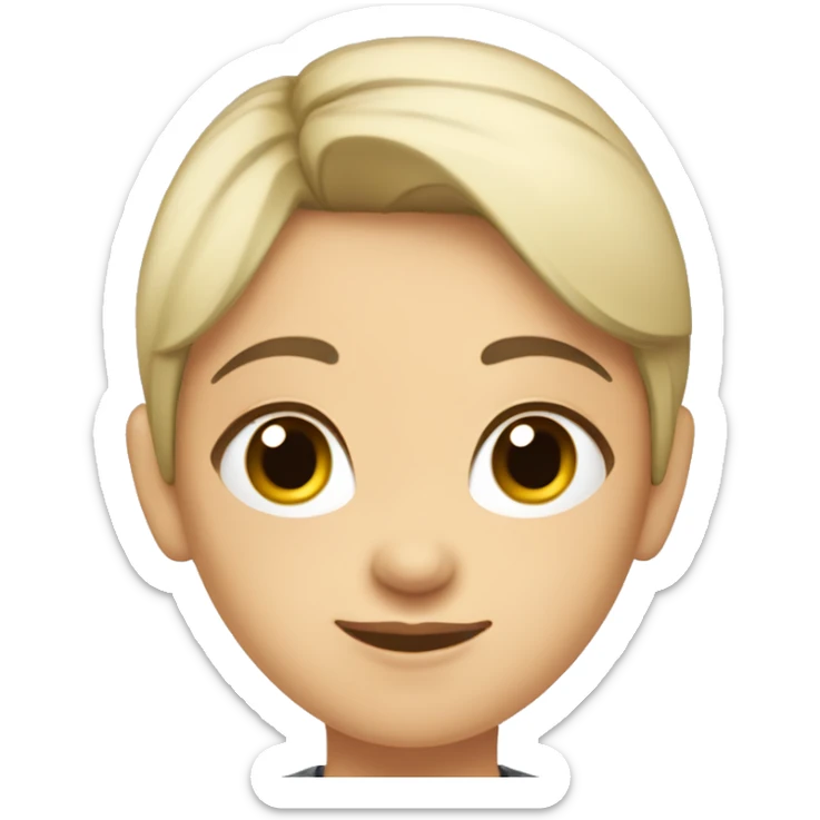 A head and shoulders shot of a 20 year old caucasian woman with black short hair wearing a tshirt. sticker