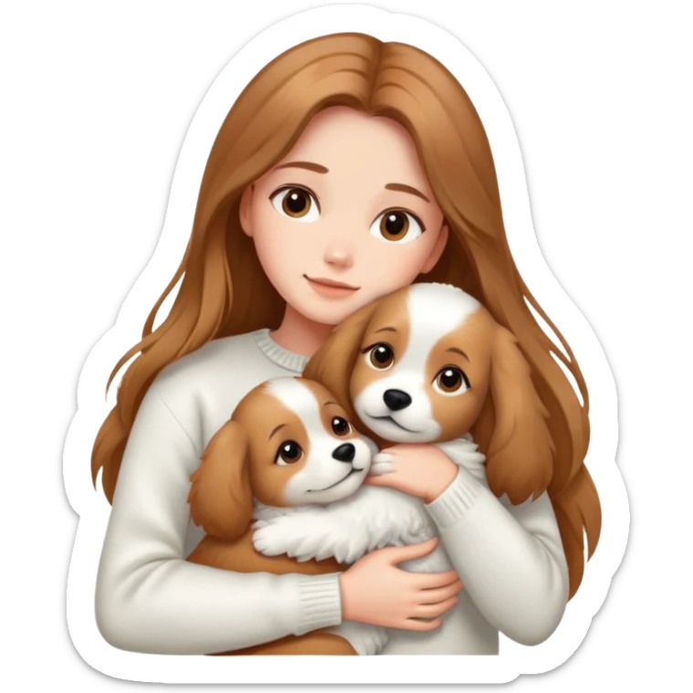a girl with long light brown hair, in a white sweater, hugs a cute one dog. sticker