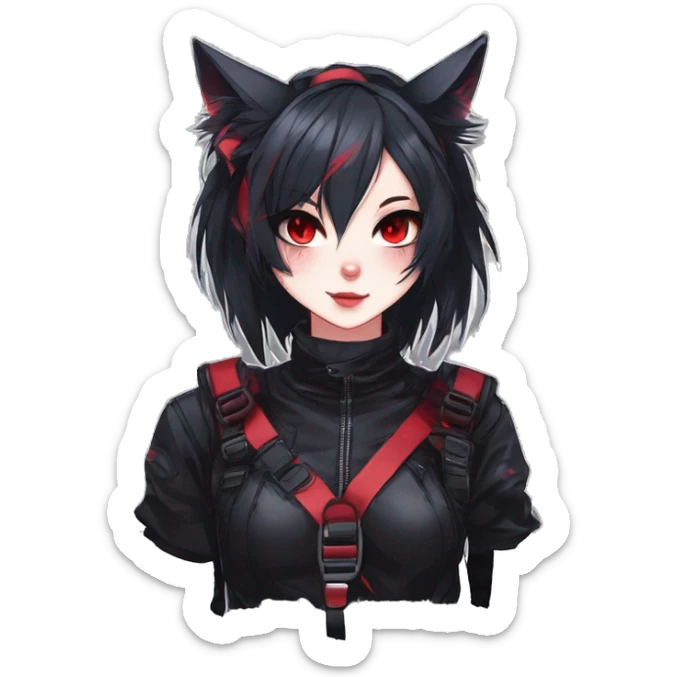 Gorgeous gothic dark techwear anime style anthro cat furry sona with blushing face aesthetic and pretty edgy black red punk messy ponytail hair with collar and harness trending style sticker