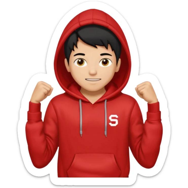 make me an emoji of an americain 19 yearold boy in a red hoodie that says "south" on it and give him with tan skin with his hands in his hands in his pocket wth a small smile flexing his muscles with his hood on sticker