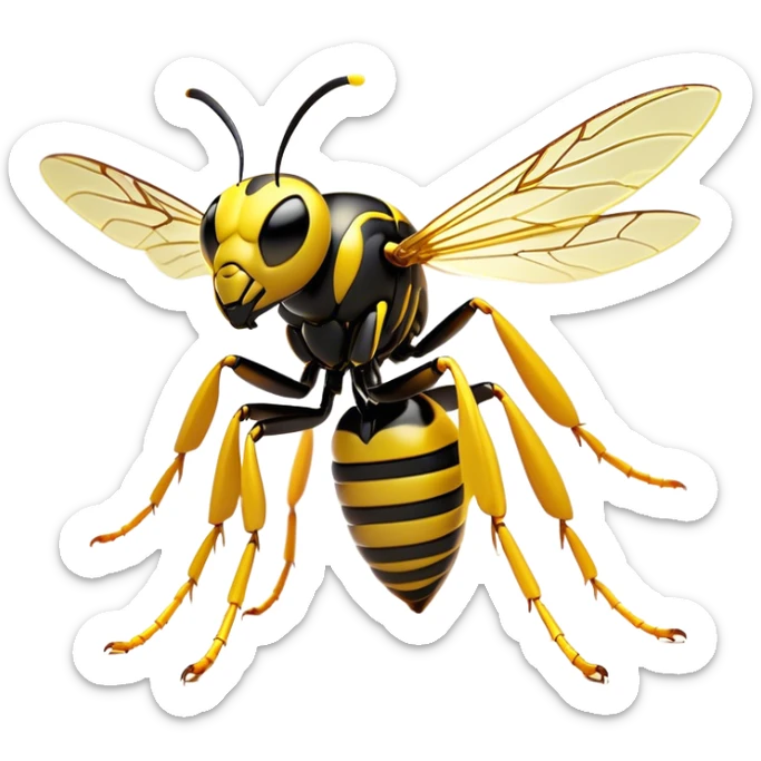 Cinematic Noble Wasp Portrait Emoji, Poised and formidable, with a sleek, slender body in bold yellow and black hues, angular, translucent wings and sharp, focused eyes exuding determined intensity, Simplified yet strikingly defined features, highly detailed, glowing with a cool, assertive radiance, high shine, intelligent and vigilant, stylized with an air of natural precision, focused and alert, soft glowing outline, capturing the essence of a watchful wasp that appears ready to buzz out of the screen with commanding presence! sticker