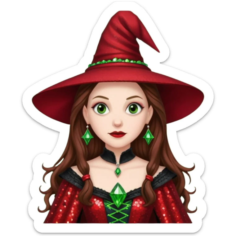 Nessarose, Wicked Witch of the East from The Wizard of Oz with long brown hair, red sequin outfit sticker