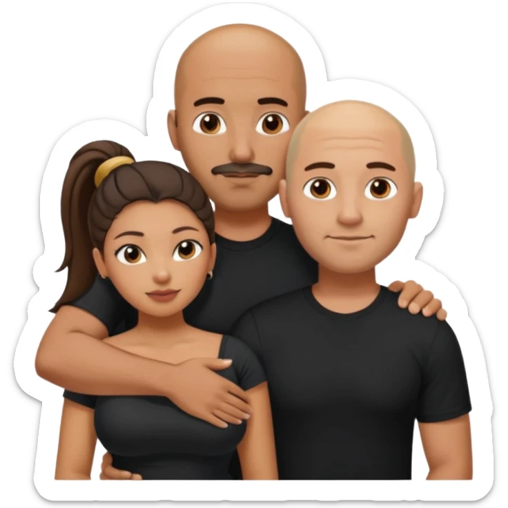 A picture of a tanned couple with the man's arm around the woman. the man is a Mexican man with tanned skin, a bald hair cut, short beard and wearing a black shirt. the woman is mixed, with curly hair in a pony tail, with big boobs  sticker