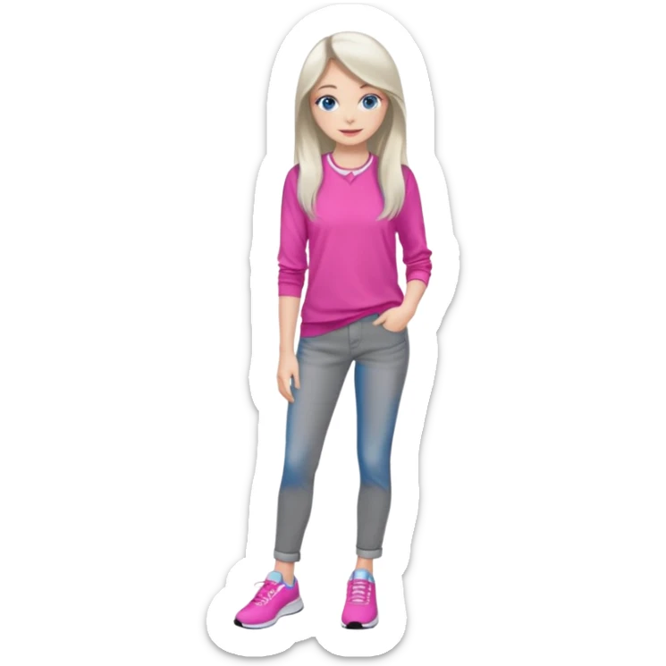 beautiful girl with long fair hair, blue eyes, in a vivid pink blouse, grey jeans and white trainers sticker