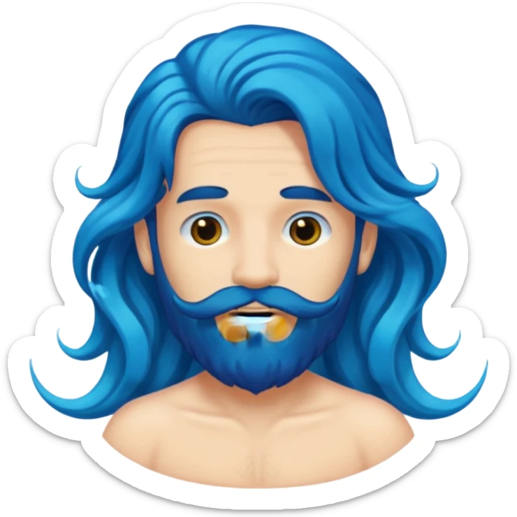 male with long, very wavy mermaid-like blue hair and black beard, emoji style sticker