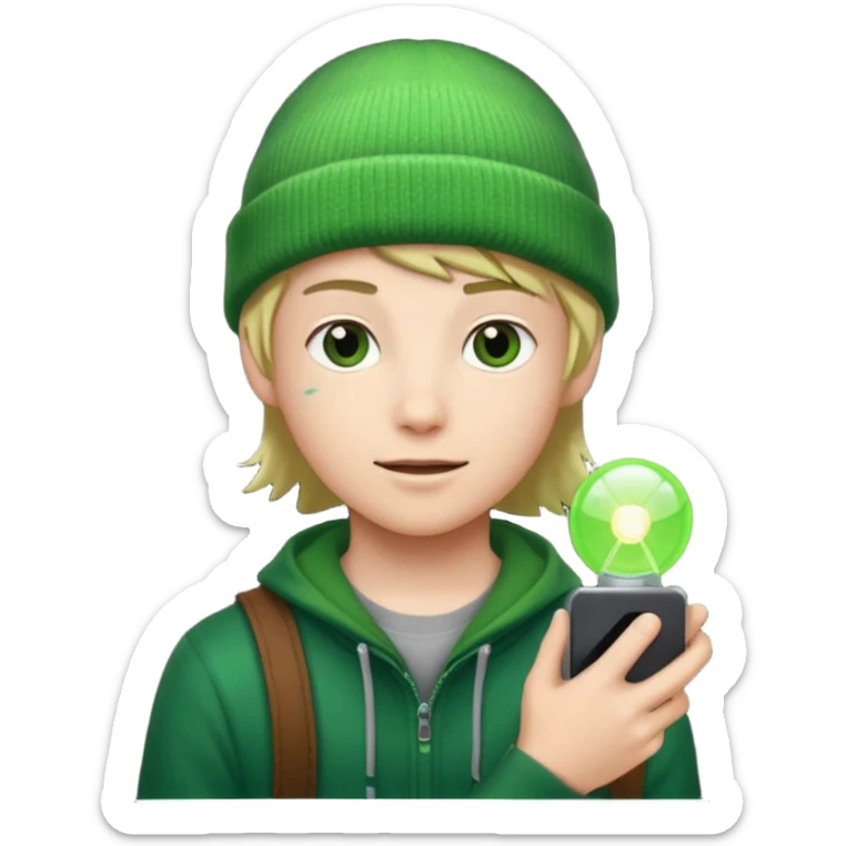 Teen hero in green beanie, holding glowing gadget.



































 sticker