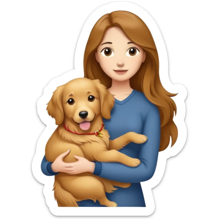 woman with long brown hair holding a golden retriever dog in her arms sticker