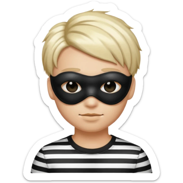 Realistic ios emoji-style portrait of a classic burglar, a black eye mask and a black-and-white striped shirt. Highly detailed, natural skin texture, soft cinematic lighting, realistic shadows, smooth gradients, clean outline, glossy reflections in the eyes. emoji-like hair sticker