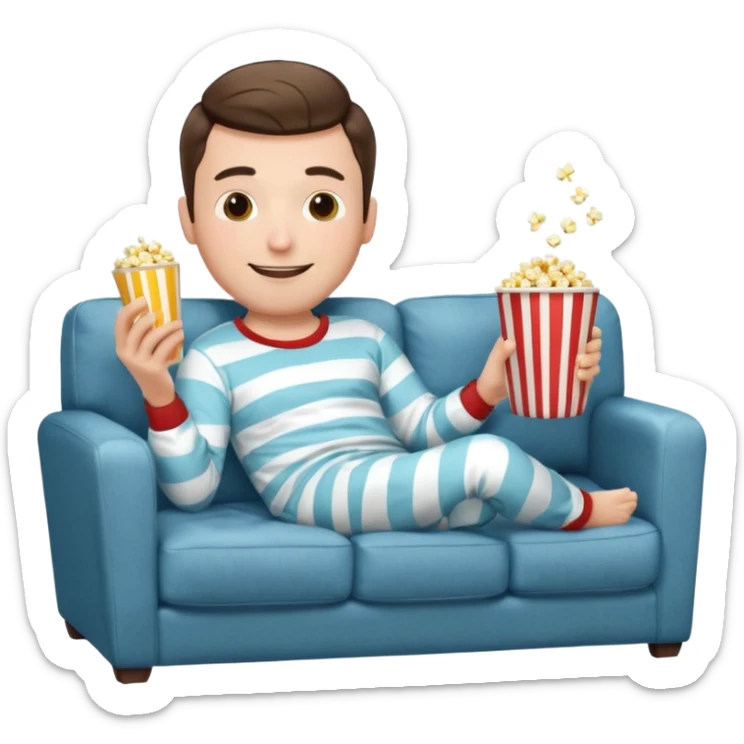 male memoji, lazy man in pajamas, lying on couch, holding TV remote, relaxed face, casual home vibe, popcorn bucket sticker