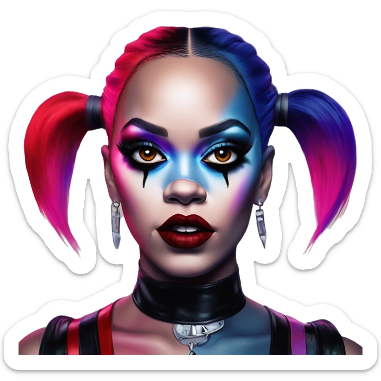 Synthwave Rihanna in Harley Quinn style, oil paint, mysterious eyes, intricate lips, masterpiece portrait, odd perspective, beautiful, desirable, logical sticker
