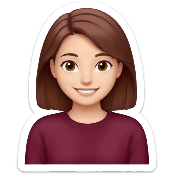 A girl with brown hair smiles, gray-brown eyes, wearing a burgundy sweater sticker
