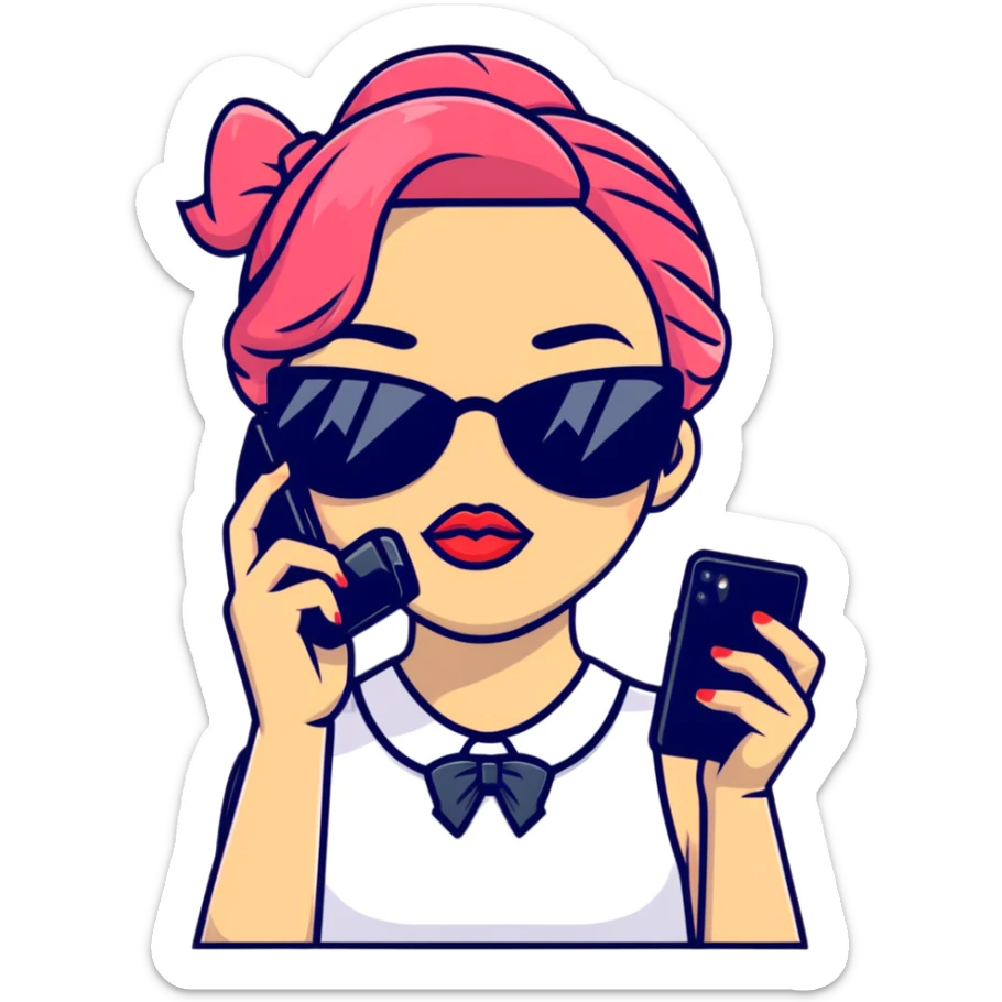 Girl with huge lips, sunglasses, bow on her hair, holding a phone with attitude sticker