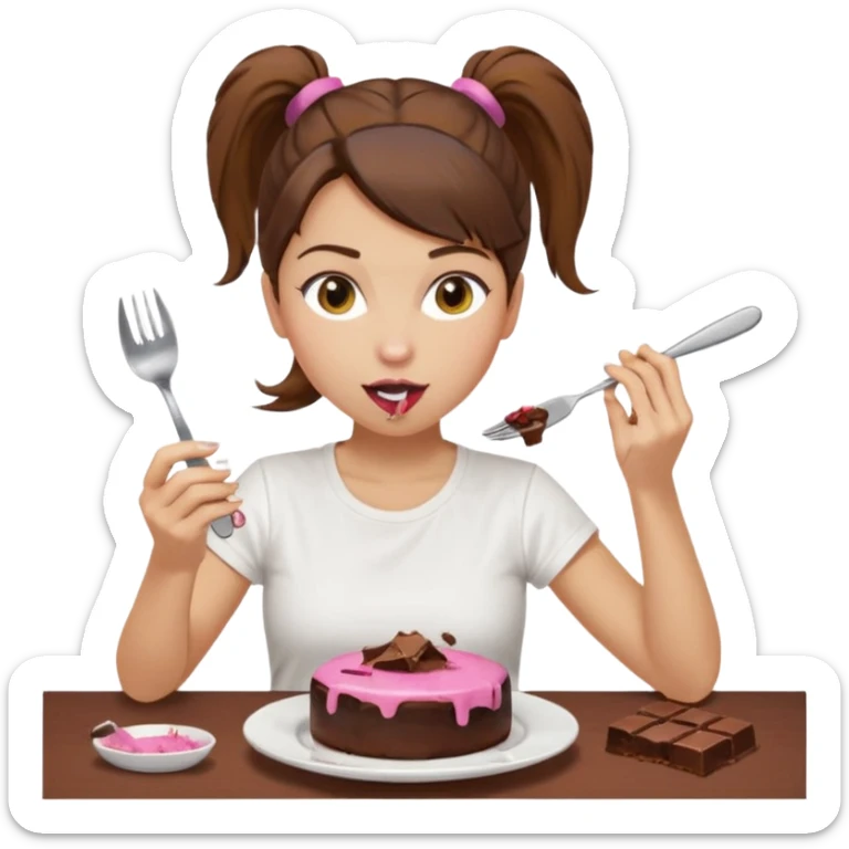yellow-skinned woman with brown hair in a ponytail, wearing a white T-shirt. She’s sitting at a table, licking chocolate off a knife and holding a 'Banado' jar. On the table: a plate with crumbs, a fork, a glass of dark drink, and a pink lid. Simple brown background. sticker