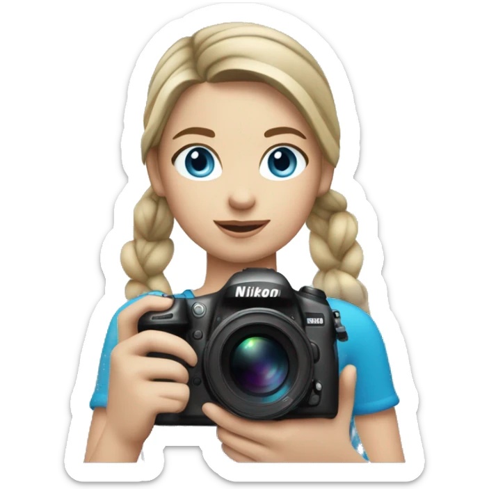 Girl with dark blonde loose ponytail and BLUE eyes Holding a Nikon Camera in her hands sticker