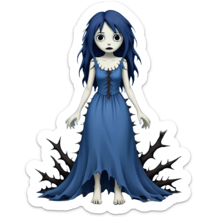 Gloomy ghostly fair lady with long ragged torn tattered dress, thorns across arms and legs, depressed face, ghoul-like gloomy dark greyish dull-colored deep-blue dark-black swampy monsterous lady woman (full body) sticker