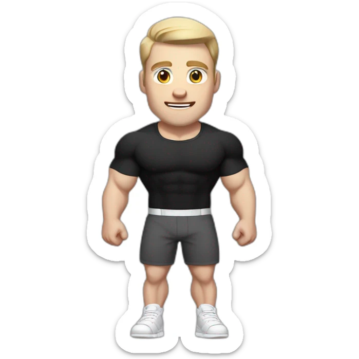 amazed Pale skinned Fit Man With the biceps and dark brown hair in black shirt, gray sports shorts and white Sneakers sticker