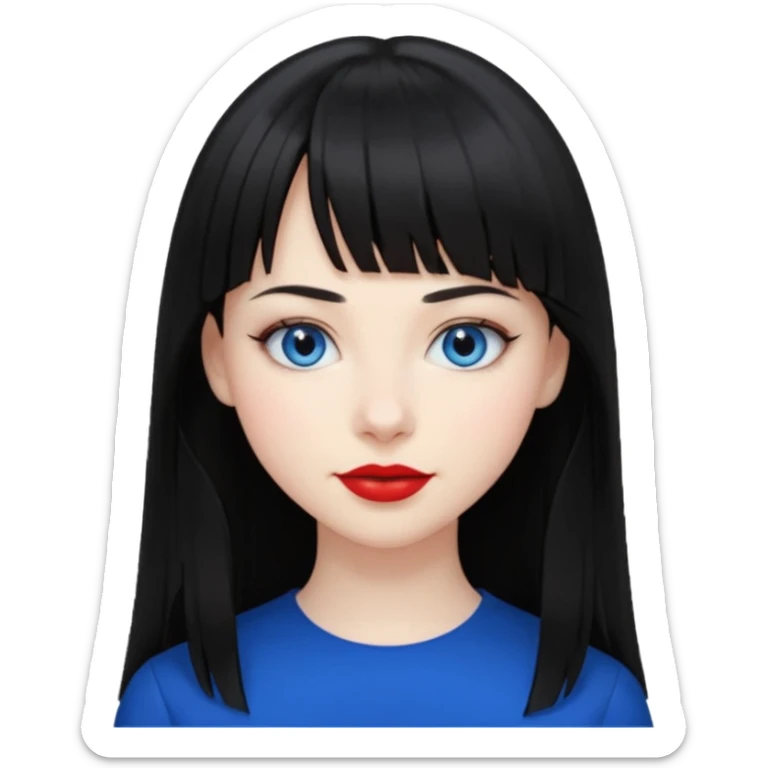 20 yr old woman long straight black hair, pale skin, blue eyes, red lipstick, black clothes, small smile, bangs sticker