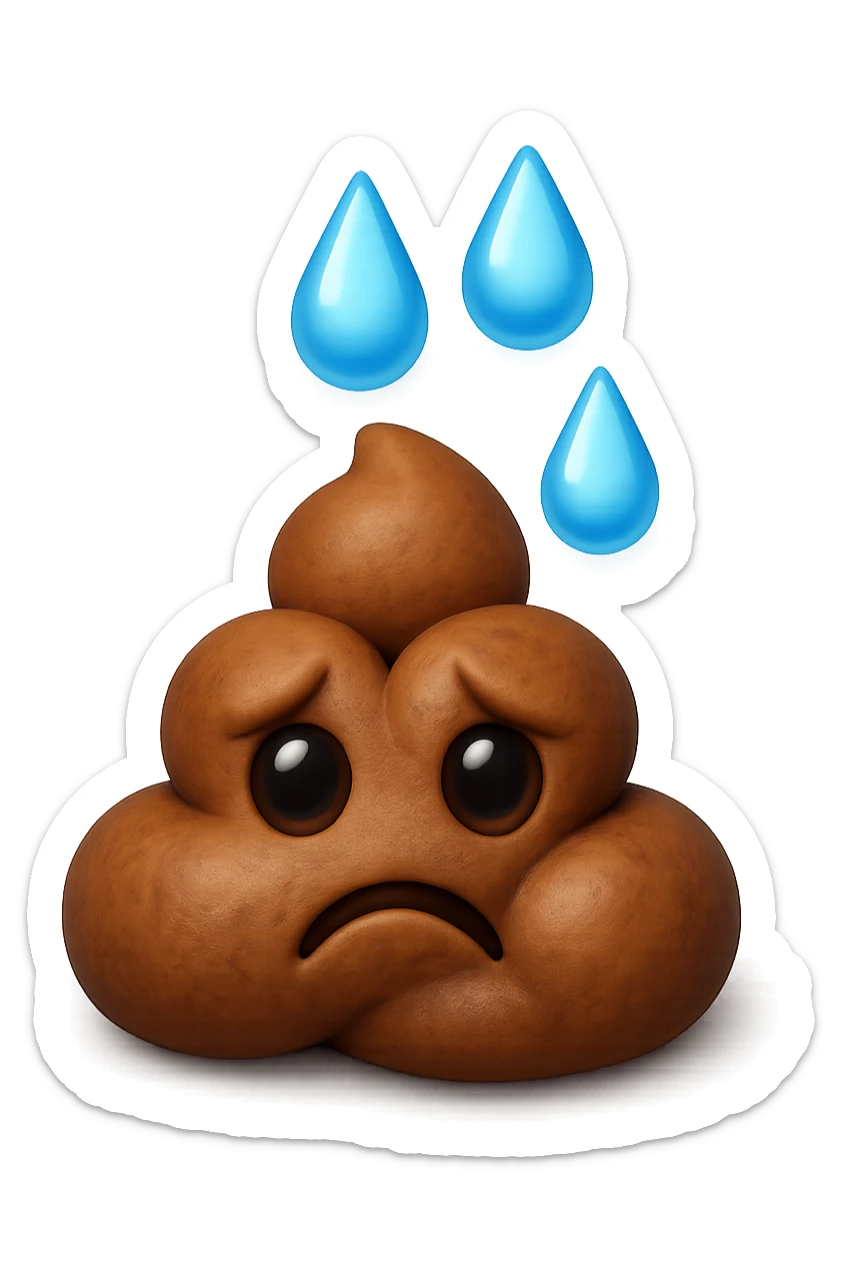 emoji stile iphone di una montagnetta di feci umane realistiche a palline tristi con sopra un simbolo delle gocce di acqua, iperrealistico 4k sticker