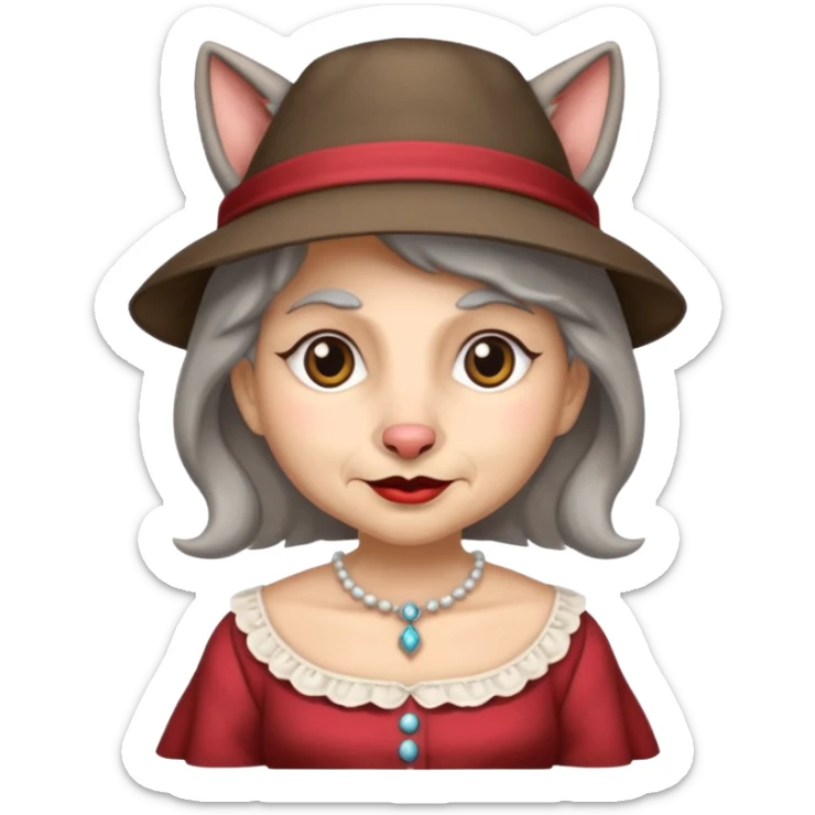 The big bad wolf is wearing Grandma's clothes and a hat, yet its face still looks like a wolf's. sticker