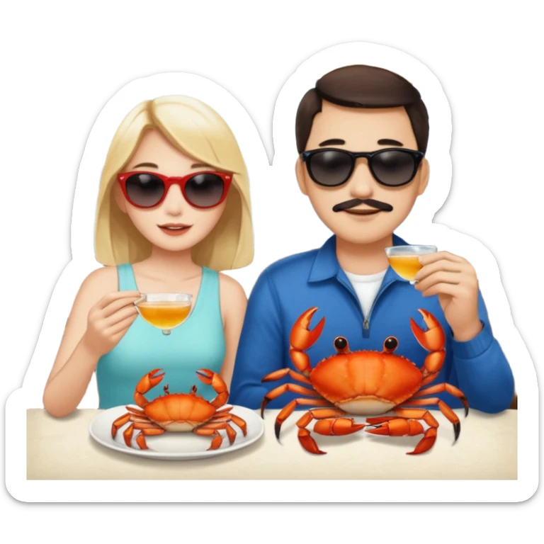 Men and girl Alaska crab are moving wearing a sunglass and 海港薈 sticker