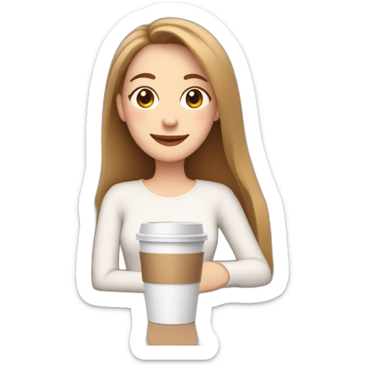 woman with pale skin and brown long thin straight hair wearing a white woolly shirt drinking coffee from a light pink takeaway cup eyes closed but smiling sticker