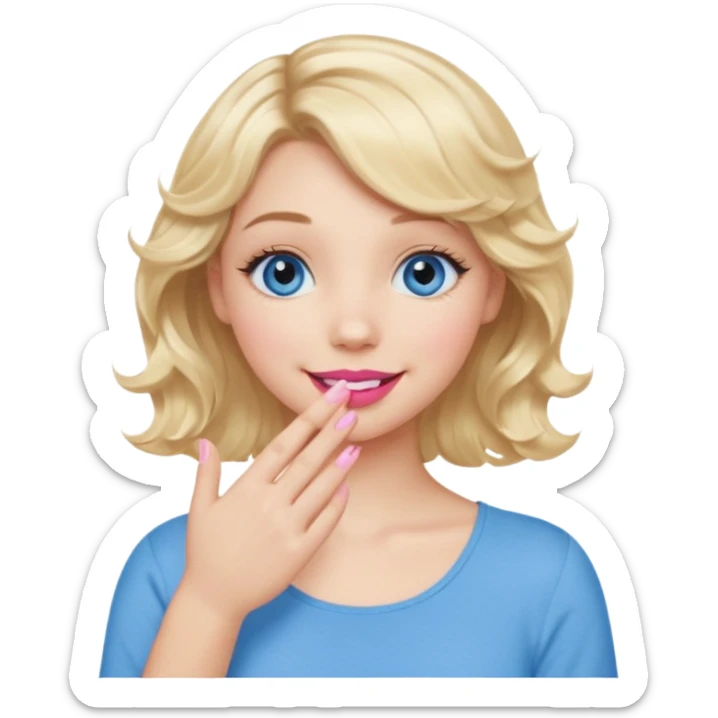 Girl Blonde short wavy hair,  blue eyes, cute blue top, long lashes, pink lips, smiling, hand covering the mouth sticker