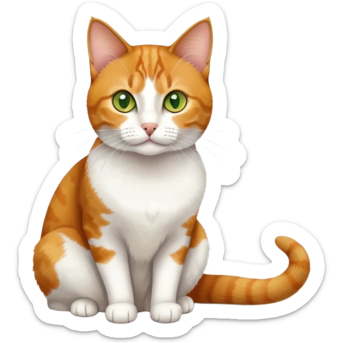 A mix breed cat (domestic shorthair and Arabian mau) sitting, with white fur, three ginger spots on its back, a ginger tail, and yellow-green eyes sticker