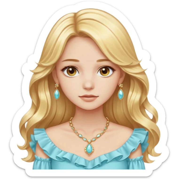 girl with long styled straight-wavy light golden-yellow blonde hair, light hazel eyes, pale peach skin, wearing a fancy ruffled light pastel aqua-blue top and expensive light golden jewelry sticker