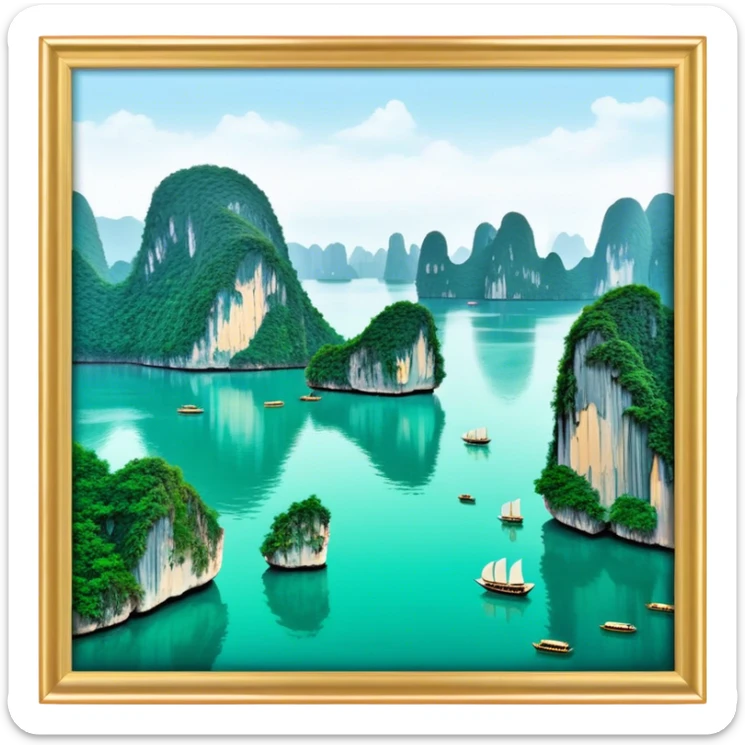 Cinematic Realistic Ha Long Bay Landscape Emoji, depicted with limestone karsts emerging from emerald waters rendered with intricate detail and dynamic natural lighting. sticker