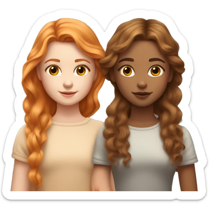 serene two girls. one has tan skin wavy brunette hair and the other has pale skin natural soft orange hair delicate fringe. standing together in gentle light. calm and content. hyper-realistic soft textures fine details glow on skin sticker
