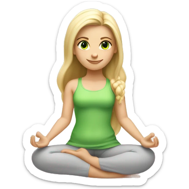 blonde long hair and green eyes yoga girl in light pink clothes sitting on a yoga mat sticker