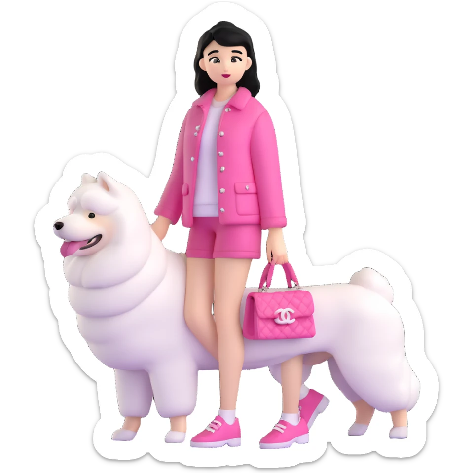 black-haired girl in pink Chanel style outfit with white Samoyed dog sticker