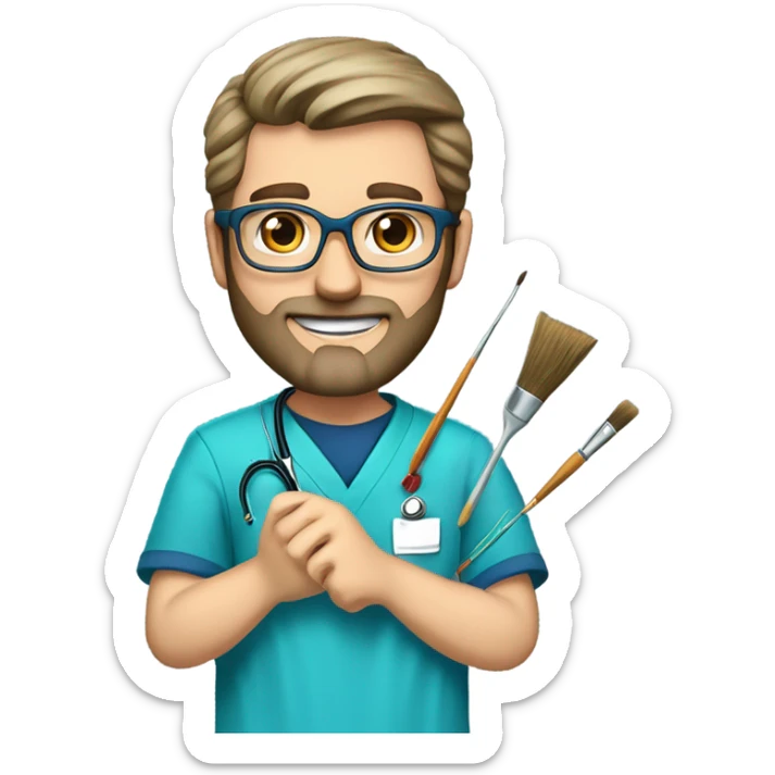 male dark blond haired doctor with grey van dyke beard with hazel eyes and small wire-rimmed glasses in blue scrubs holding a large paintbrush sticker