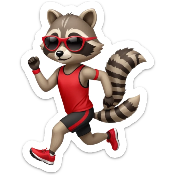 friendly anthropomorphised raccoon in sports wear, wearing dark sunglasses, jogging upright in standard pose sticker