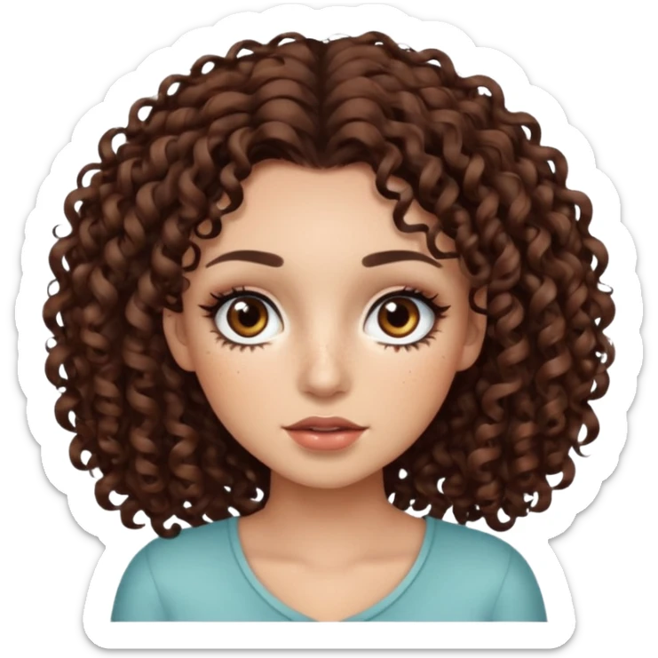 dark brown curly hair with dark brown eyes and too long lashes and some make up with freckle and light brown skin sticker