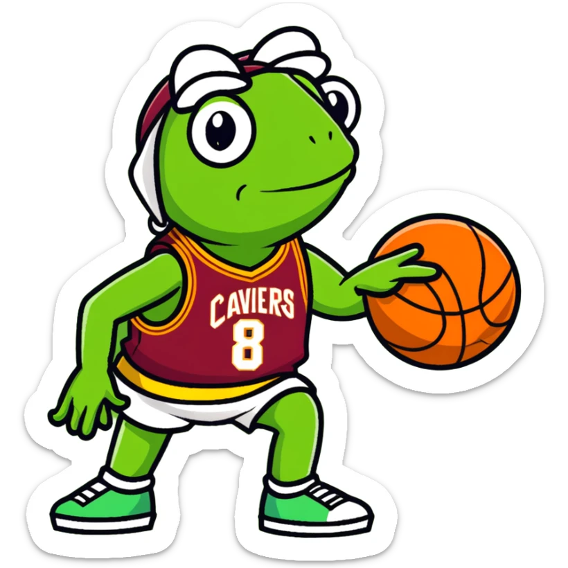 Kermit the Frog wearing a Cleveland Cavaliers #8 basketball jersey, cartoon style sticker