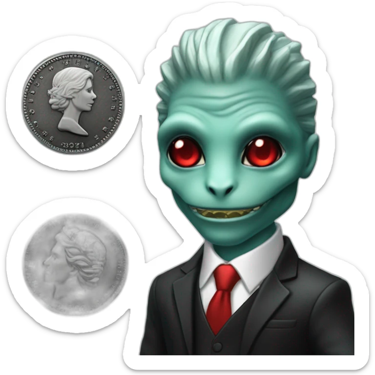 Aquamarine reptilian in classic black suite with red laser eyes on the platinum coin sticker