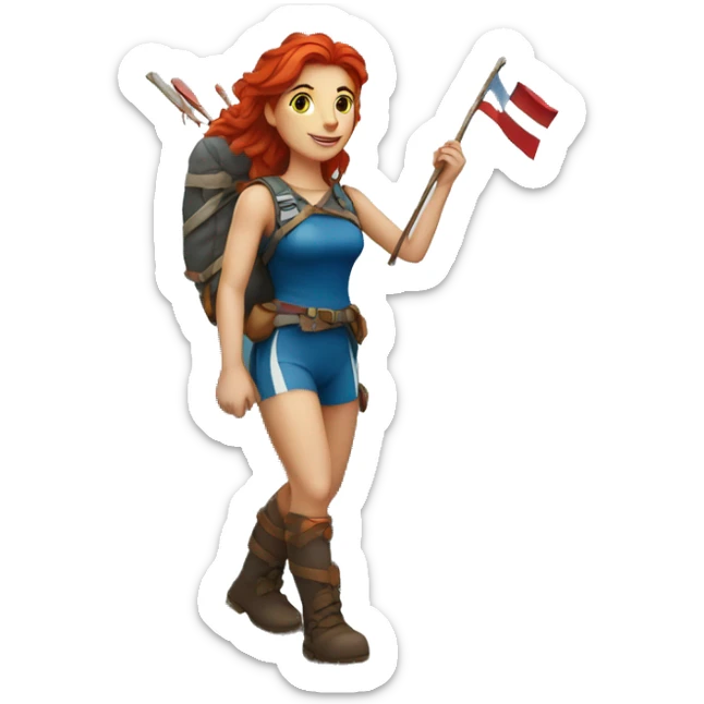 Female mountaineer red hair climbing with the real Greek flag and holding Easter eggs basket sticker