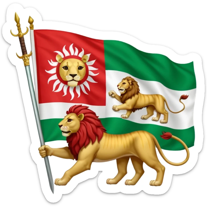 The flag of Iran is green at the top, white in the middle, and red at the bottom, with the symbol of the lion and the sun in the middle. The lion is looking at the robot and has a sword in his right hand, and the sun is behind the lion. sticker